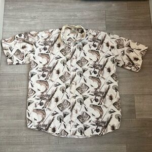 Vintage Redhead Fly Fishing Button Up Shirt Large White Fish All Over 90s 80s